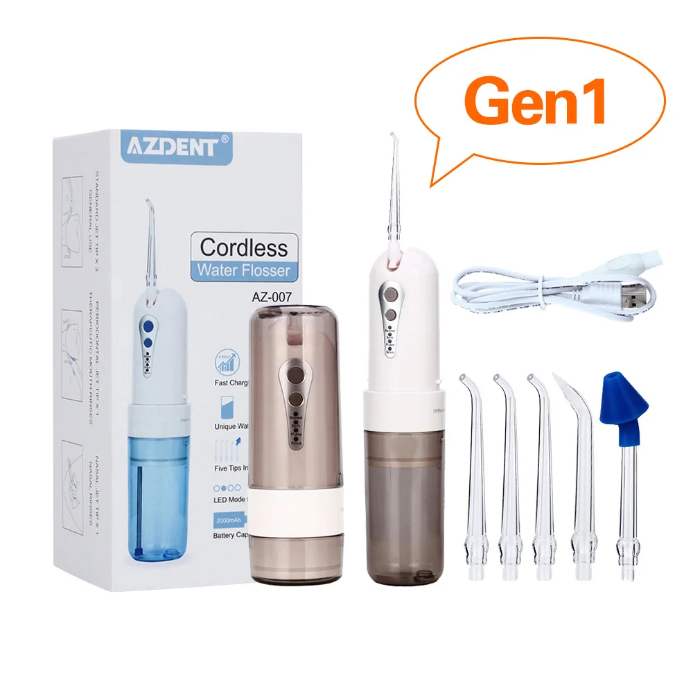 generation 1 grey AZDENT, горячая беспроводная вода, зубная нить, портативный ирригатор для струи полости рта, зуб, для полива воды, USB, перезаряжаемый, 5 наконечников, 200 мл - Цвет: generation 1 grey
