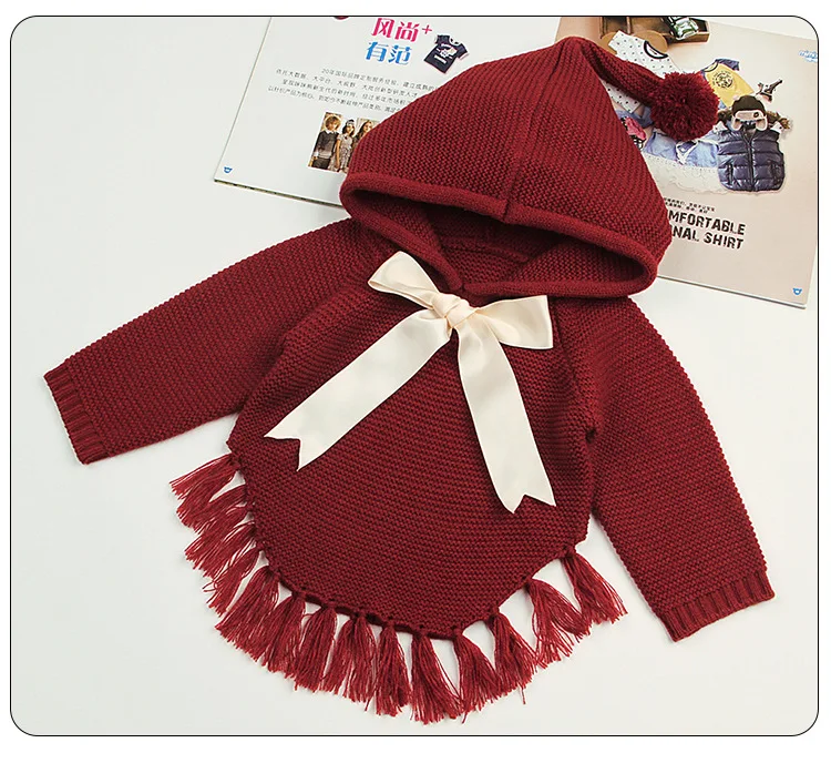 Детские свитера вязаный свитер с капюшоном и кисточками для девочек осенне-зимний свитер для малышей Повседневная трикотажная одежда для детей - Цвет: Red