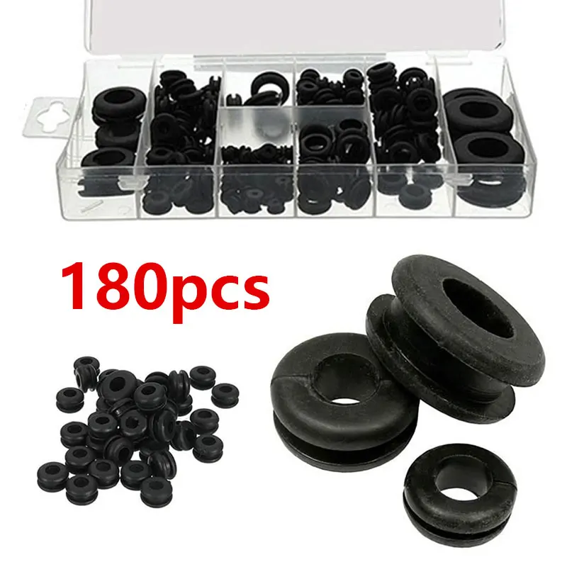 

180pcs Grommet Assortment Kit Round Rubber Grommet Black 8 Sizes Wires Tool Plugs Protection Coil Automobile Parts