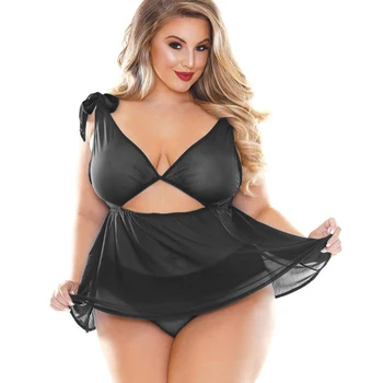 

Plus Size Women Sleep Dress Nightdress Sexy Sleeveless Hollow Out Mini Nightrobe Perspective Lingerie Dress Large Size 5XL D30