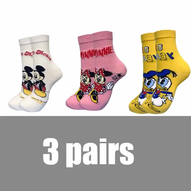 3 Pairs Casual Korea Women socks Cute Kawaii long socks Cartoon Mickey Minnie Donald Winnie Cotton socks girl socks Size 35-42 Beige