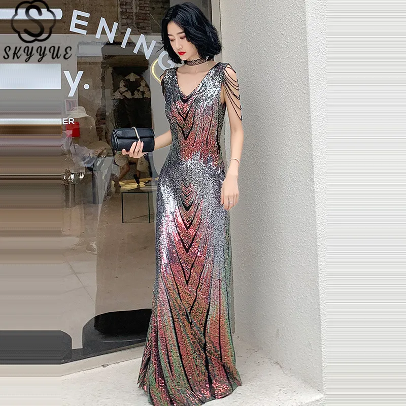 

Skyyue Evening Dress Sexy Double V-Neck Women Party Dresses 2019 Floor Length Robe De Soiree Sleeveless Sequin Evening Gown F218