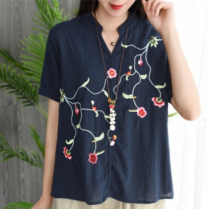 

Fashion Embroidery Flower V-Neck Cotton Linen Shirt Women Summer Short Sleeve Breathable Blouse Female Clothes High Quality