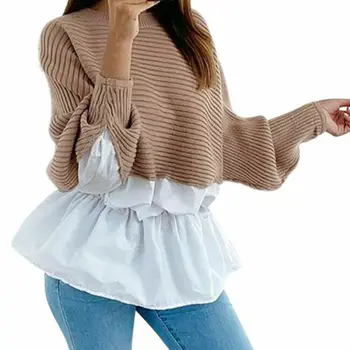 

High Quality Fashion Patchwork Casual Women's Clothing Female Solid O-Neck Long Sleeved Knitted Sweater Women Soft Pullovers