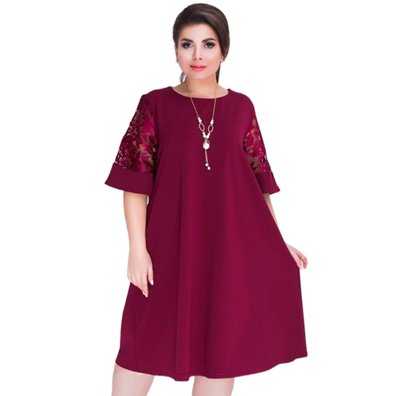

2018 Splice Loose Lace Summer Dresses Plus Size Women Knee-Length Office Dress R9JE