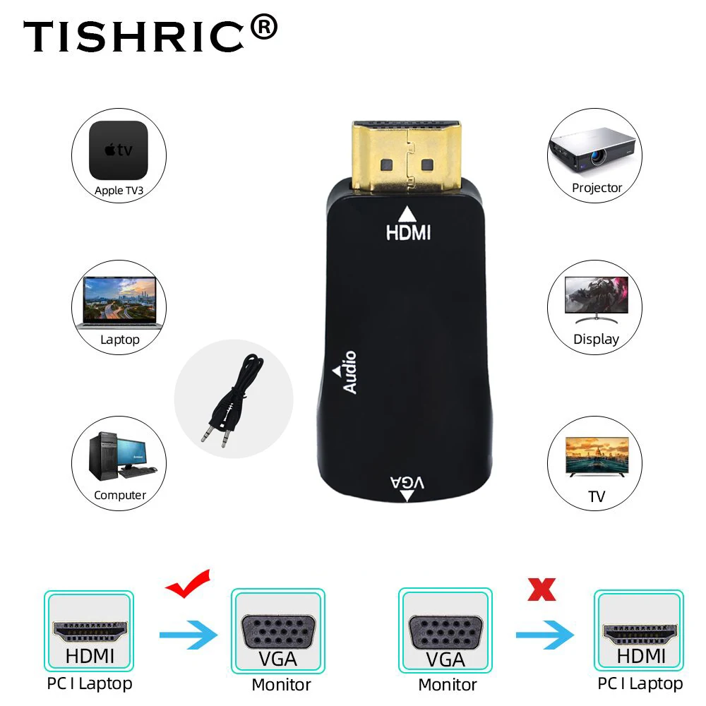  TISHRIC Originale HDMI a VGA Adattatore/Convertitore 4K HD 1080P Display Cavo Audio Maschio A Femmi