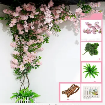 

Artificial Cherry tree christmas Tree Stem with Cherry Blossom Flower Dried branches Rattan sets for home wall decoration