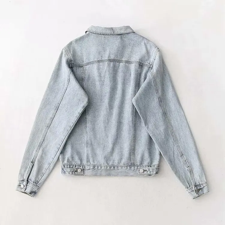 

Severe Washing Water Light Blue Cotton Cowboy Unisex Long Sleeve Loose Large Version of Jeans Coat Women's Cowboy Suit