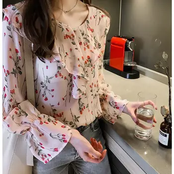 

Autumn Small Fresh Floral Chiffon Shirt Female Long Sleeve Lotus Leaf Edge Clothing Loose Cover Belly Shirt Chao