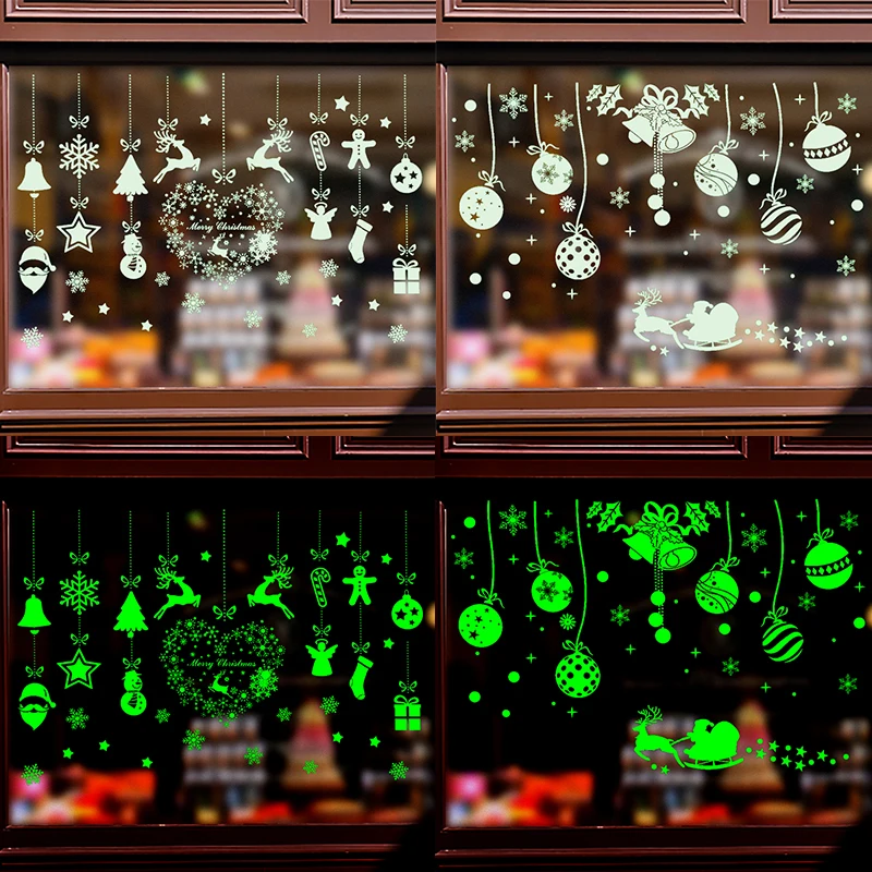 2pcs/set Christmas Luminous Sticker Glow In The Dark Elk Bell Snowflake Wall Decal Xmas Home Kids Room Window Sticker Decoration