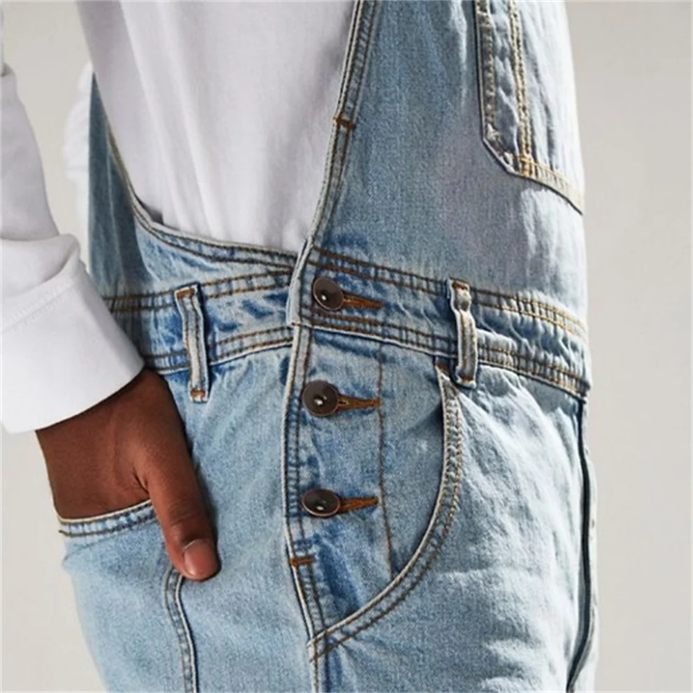 EH·MD® Sling One-Piece Jeans Men's Seasonal Large Chest Pockets Can Be Matched With Belts Pure Cotton Sky Blue Stretch Straight