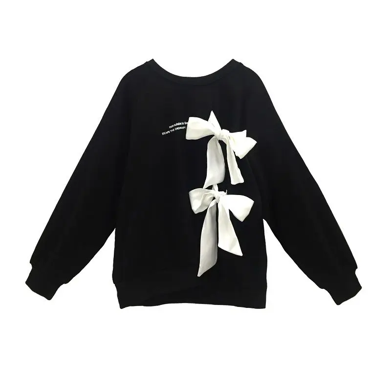 New Sweet Bandage Hoodies Oversized Women Autumn O-Neck Long Sleeve Tops Kawaii Bow Pullover Sweatshirts Woman
