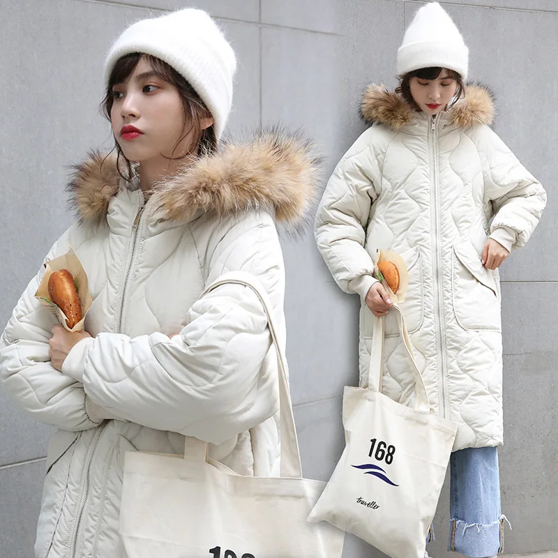 

Winter Korean-style Sweet Hipster Genuine Fur Collar Brimmed Hat Thick Ultra-Warm Mid-length down Feather Cotton Overcoat Women'