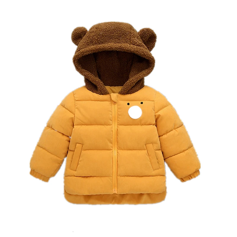 Baby Down Cotton kids Unisex Winter Coats Girls Warm Kids Jacket Winter Fur Collar Hooded Cartoon Outerwear& Coats - Color: yellow