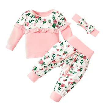 

3Pc Baby Long Sleeve Floral Print Top + Pants + Hairband Three-piece Fashion Fashion Exquisite Floral Long Sleeve Top Cute S4