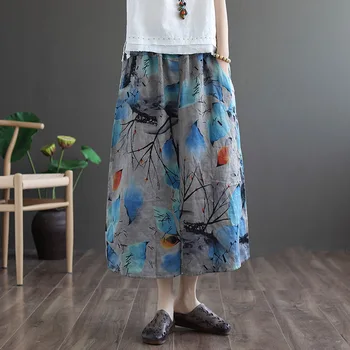 

RETRO cotton linen skirt women's summer print double pockets elastic waist Skirt