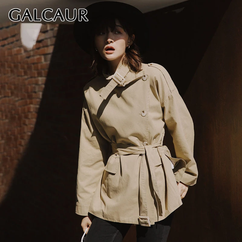 

GALCAUR Elegant Asymmetrical Windbreaker For Women Square Collar Long Sleeve High Waist Trench Coats Female 2019 Fashion Clothes