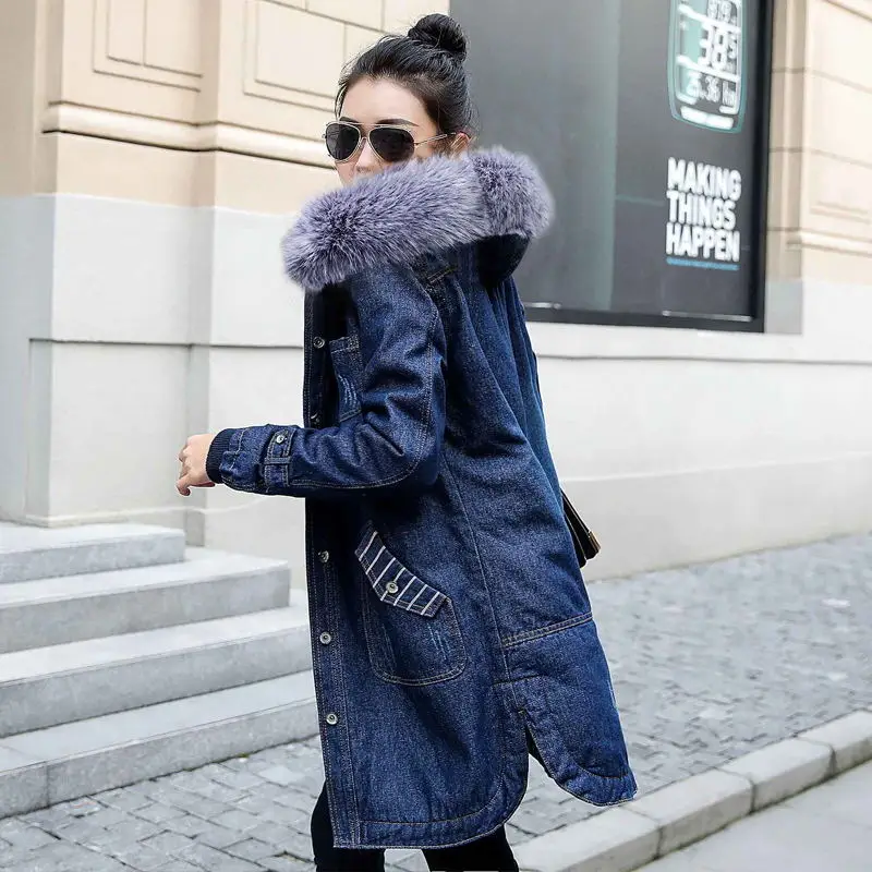 low cost  Ladies Winter Thick Jeans Jacket Faux Fur Collar Hooded Long Denim Jacket Female Warm Wool Jean Coa