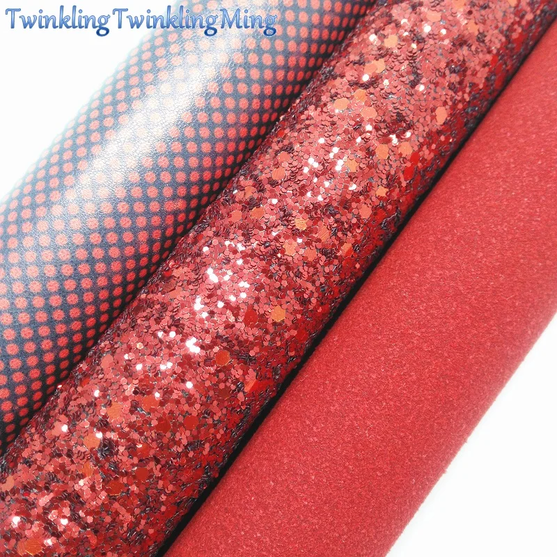 

RED Glitter Fabirc, Suede Printed Dots Faux Leather Fabric,Synthetic Leather Fabric Sheets For Bow A4 8"x11"Twinkling Ming XM379