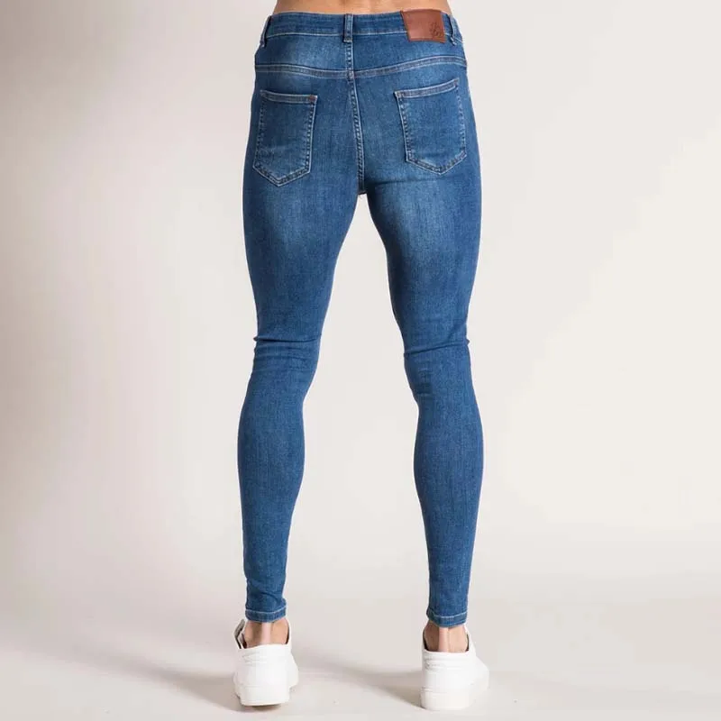 Mens Jeans White High Elastic Waist Skinny Cowboy Trousers Streetwear Slim Biker Blue Ripped Pencil Pants Male Sweatpants Autumn