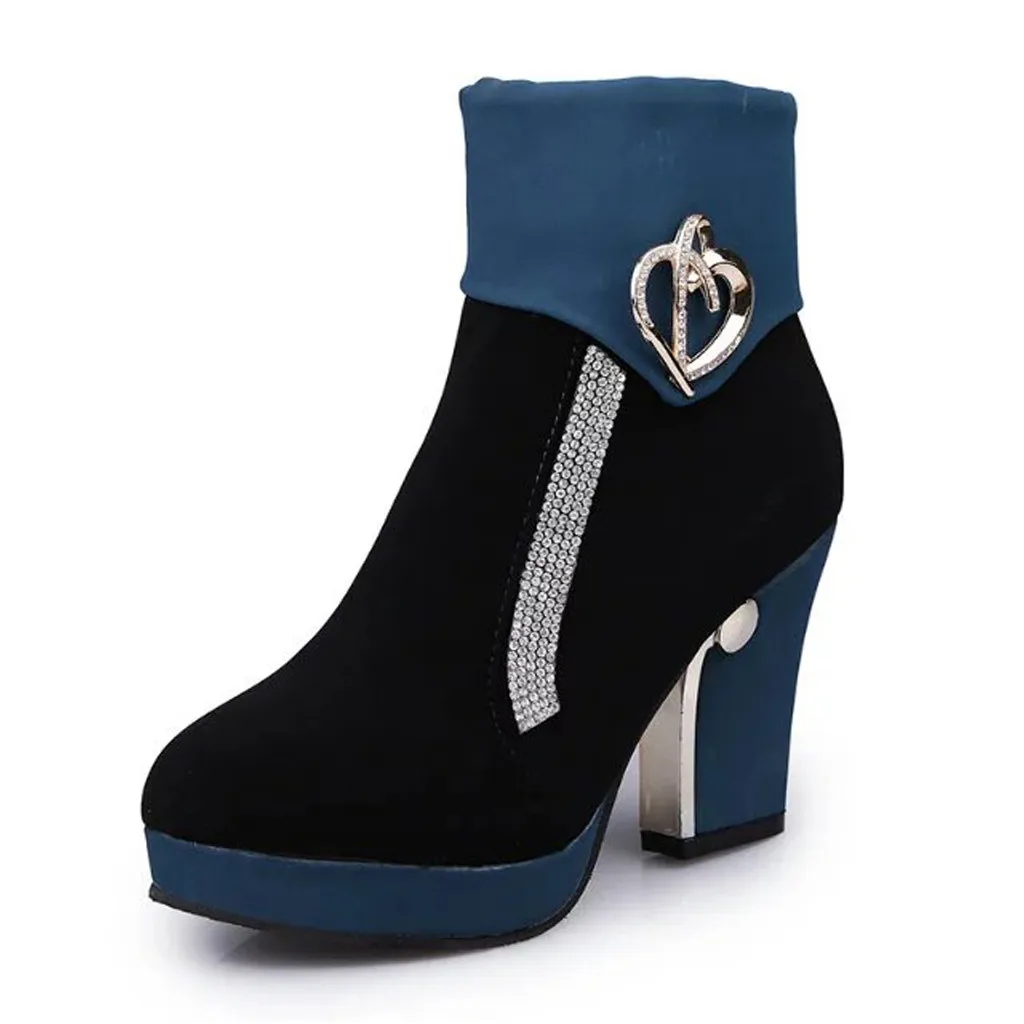 Женские ботильоны; пикантная элегантная женская обувь с кристаллами; короткие зимние ботинки на квадратном каблуке; теплая замшевая обувь; женская обувь; chaussures femme