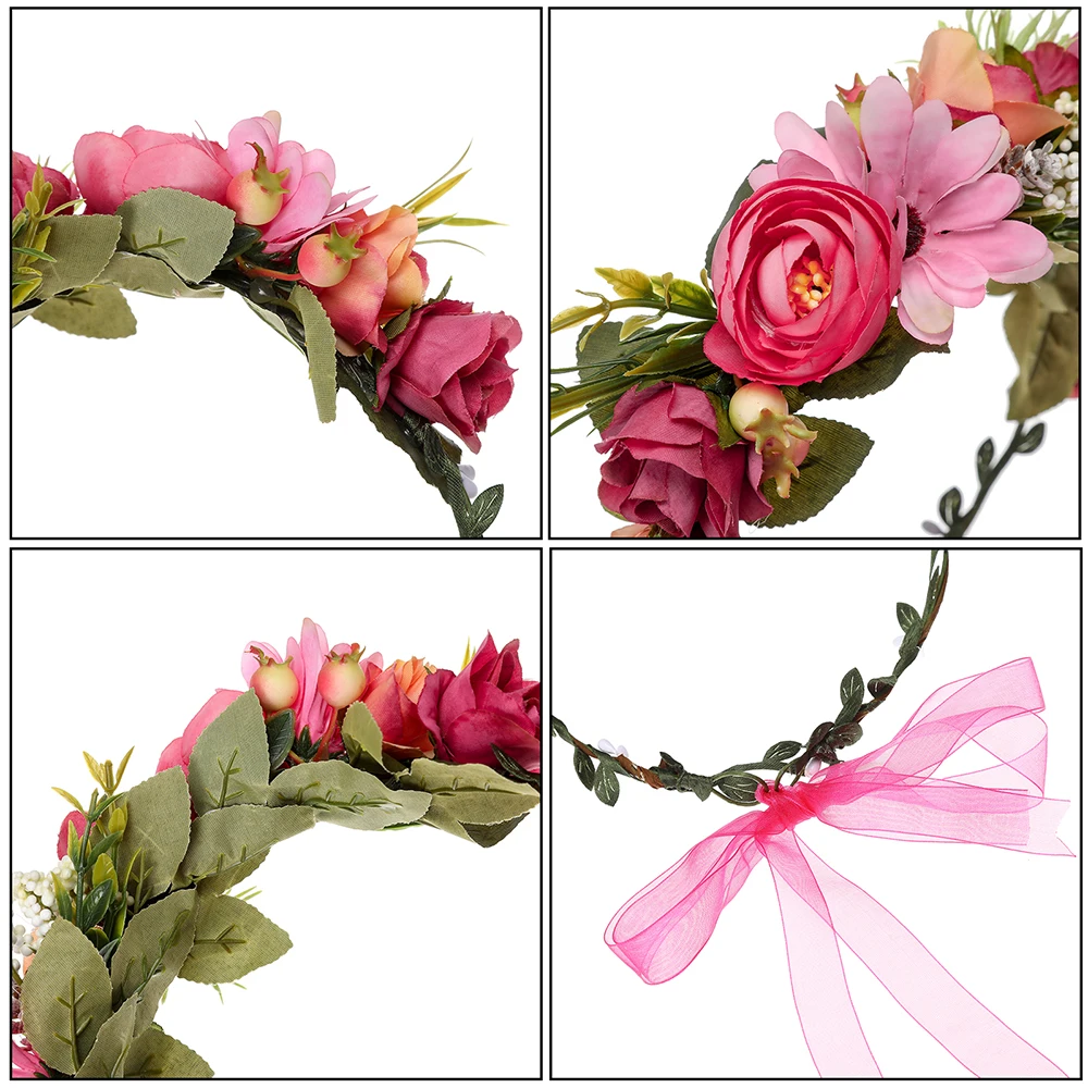 AWAYTR Spring Bohemian Rose Crowns Wreath Beach Hawaii Floral Garland Romantic Faux Rose Wedding Wreaths New Flower Headband