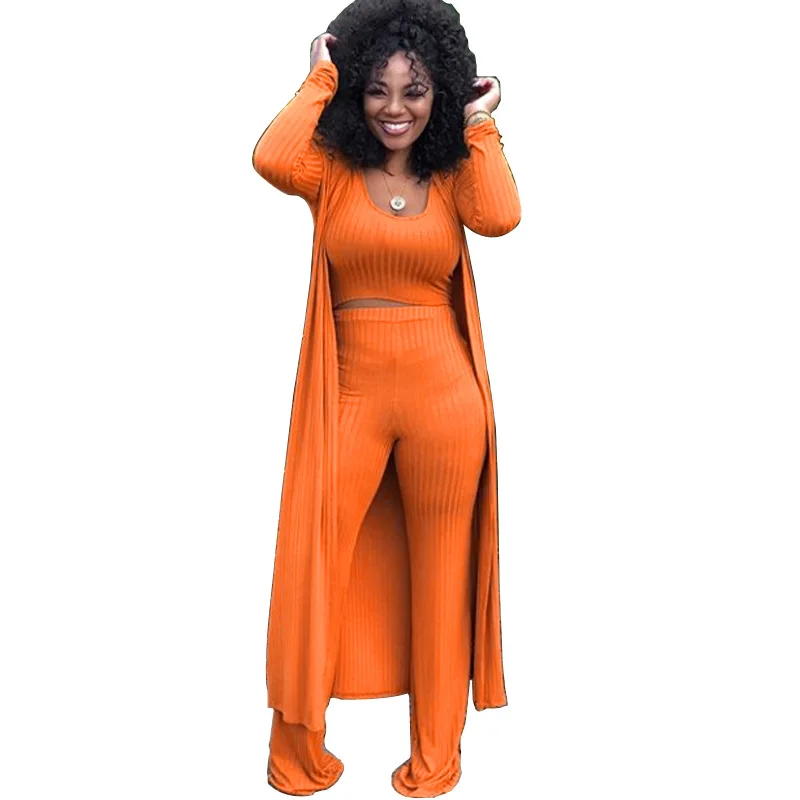 Adogirl комплект из 3 предметов в рубчик, топ на бретелях, широкие штаны, удлиненный кардиган с длинными рукавами, эластичные костюмы на осень и зиму - Цвет: orange 2 piece set