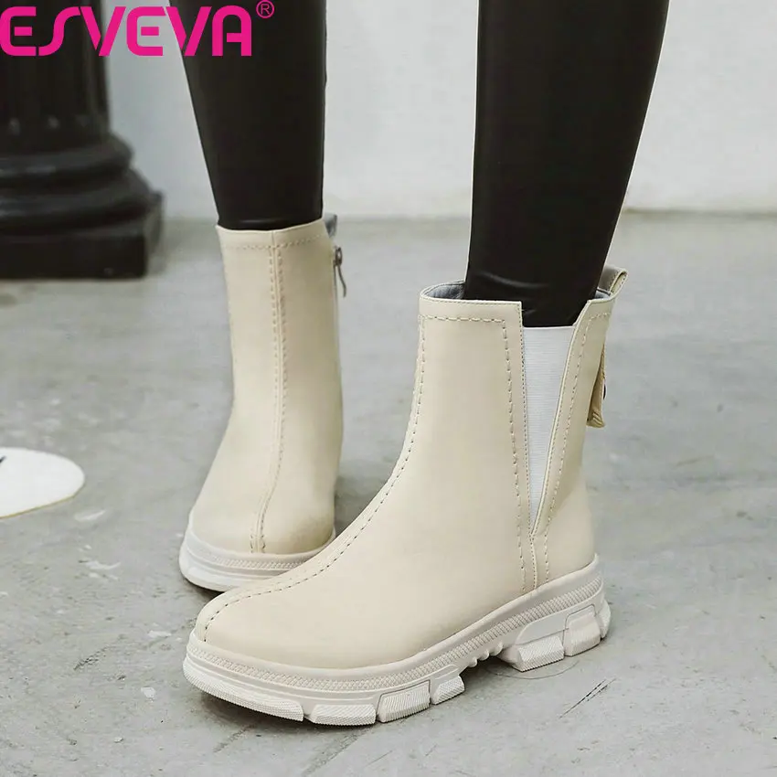 

ESVEVA 2020 New Autumn Winter Zipper Square Heel Antiskid Women Shoes PU Leather Round Toe Platform Casual Ankle Boots Size34-43