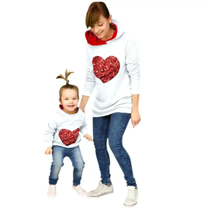 

Mom&Kids Sweatshirts Heart Sequins Hoodies Parent-Child Girl Kids Mother Long-Sleeves Love Sequins Hoodie Sweatershirt