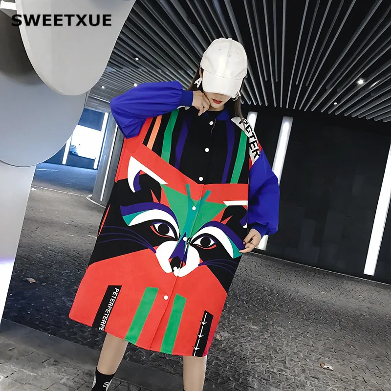 

SWEETXUE Spring Autumn Long Coat 2019 Elegant Cartoon Ladies Print Cardigan Harajuku Punk Style Jacket Graffiti Baseball Jacket