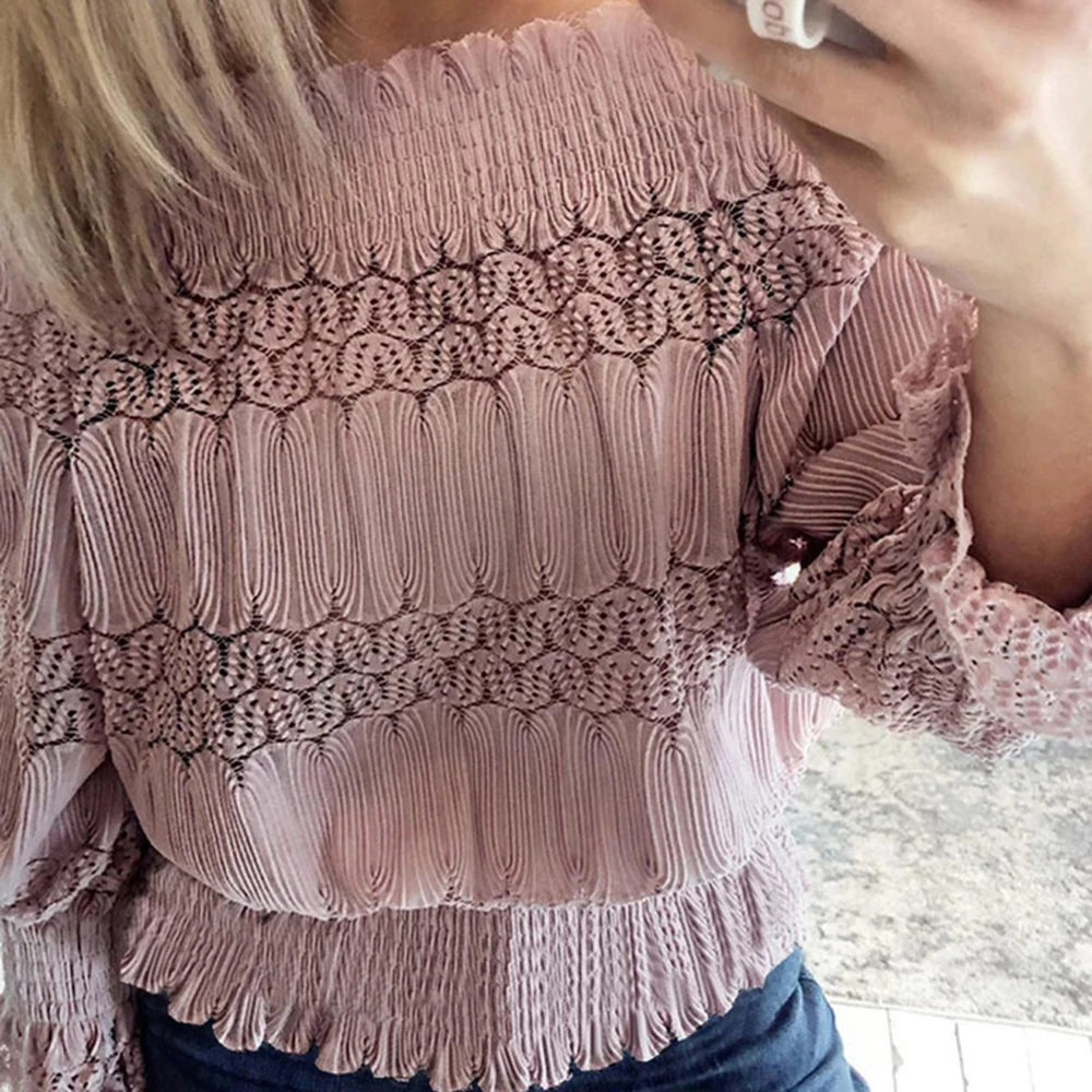 

OEAK 2019 New Women Autumn Sexy Flare Sleeve Blouses Off The Shoulder Fashion Tops Lace Casual Solid Chiffon Shirts