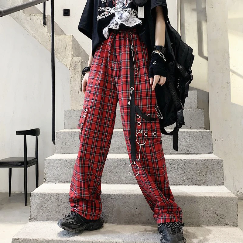 

NCLAGEN Harajuku Plaid Streetwear Chain Women Jogger Pants Punk Loose Casual Pockets Hip Hop Trousers Straight Vintage Pants