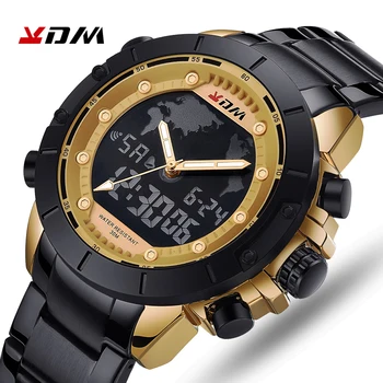 

KDM Gold Watch Full Stainless Steel Mens Clock Waterproof Dual Dispaly Quartz Digital Wristwatches relogio masculino 2019
