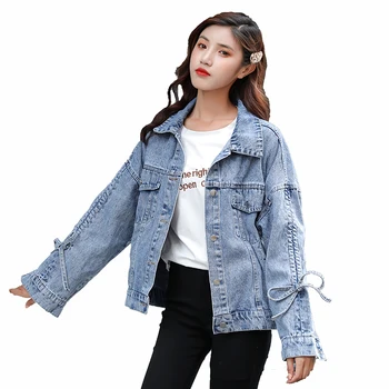 

Lucyever Spring Women Denim Jacket Fashion Bow Long Sleeve Turn Down Collar Jeans Coat Casual Button Korean Short Clothes 2020