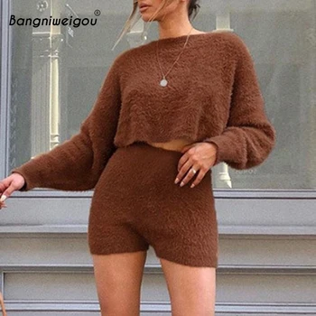 

Bangniweigou Long Sleeve Cropped Furry Coat Warm Shorts Cashmere Outfits Fall Winter Clothes Women 2pieces Sets Solid Tracksuits