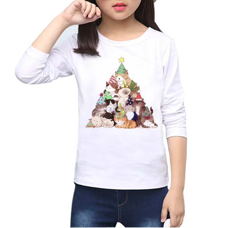 Рождественская футболка с длинными рукавами для мальчиков и девочек с изображением кота детская одежда футболка для младенцев милые дизайнерские футболки детские белые футболки, топ, O-40 - Цвет: 6