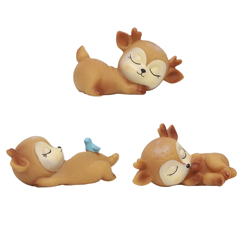 3pcs Miniature Animal Ornaments Cute Deer Figurines Toys Kawaii Sleeping Baby Decor for Home Shop Office Tabletop Display
