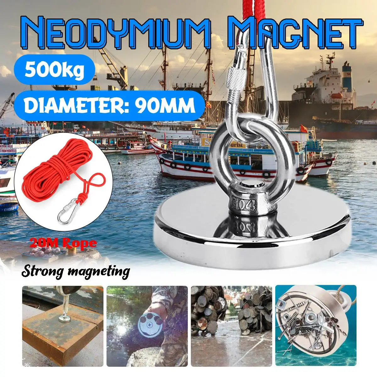 

500kg D90mm Double Sided Neodymium Fishing Magnets,90Mm Diameter, Combined Pulling Force Rare Earth Magnet Magnet