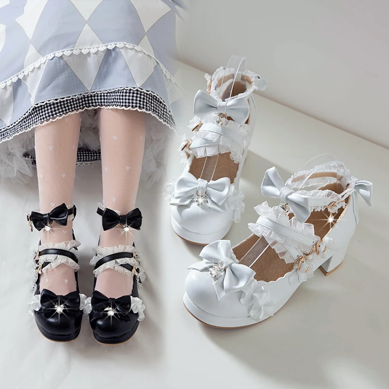 Plus Size 34-48 Lolita Mary Janes Women High Heel Shoes Sweet Bowknot Bell Cross Strap Dress Party Wedding Shoes Bridal Princess