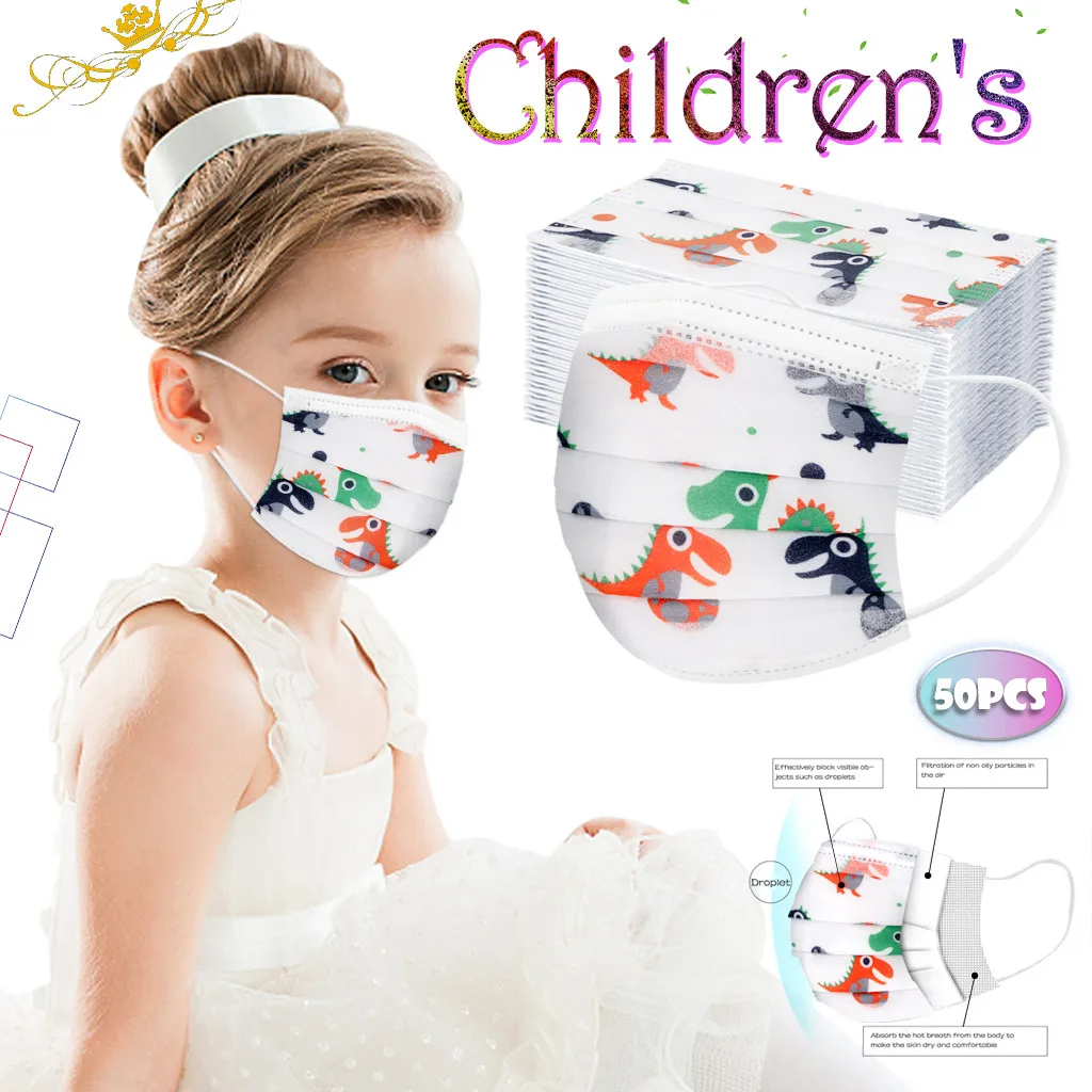

20/30/40/50/100Pc Kids Faceshield Disposable Scarf 3 Layer Faceshield Fabric Non Wovens Dustproof Cartoon mouth cover Cubrebocas