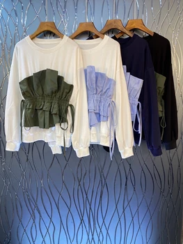 

2020 Early Autumn New Women's round Neck Chest Irregular Color Matching Stitching Decorative Ribbon Long-Sleeved Shirt 805