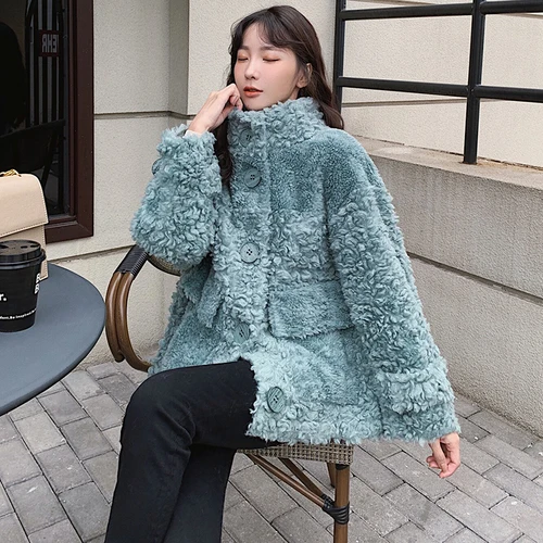 tcyeek Sheep Shearling Real Fur Coat Winter Jacket Women Wool Coats and Jackets Women Clothes Korean Long Jacket W2135 - Цвет: Green