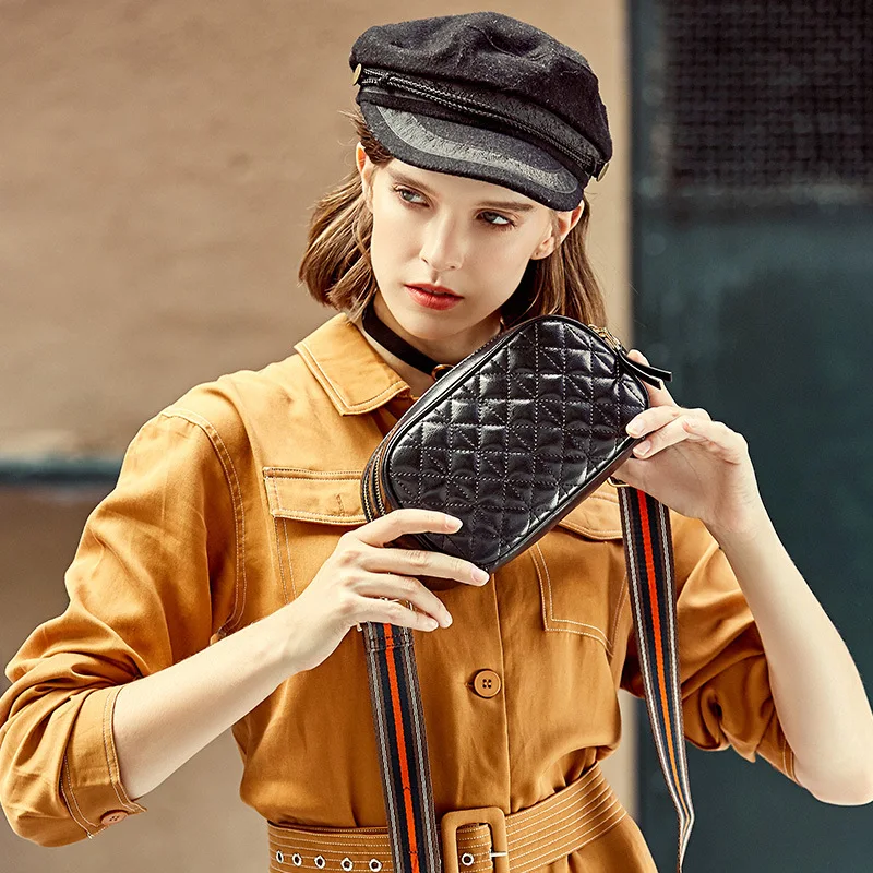 

Ins Hot Women Single Shoulder Flap Bags for Lady Wide Strap Crossbody Bag Genuine Leather Diamond Lattice Zipper Bag FH336