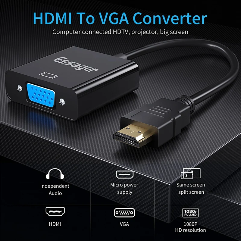 ABKT-Essager HDMI To VGA Adapter Video Cable 1080P HDMI Male To VGA Female Converter Digital Analog For PS4 PC Laptop TV