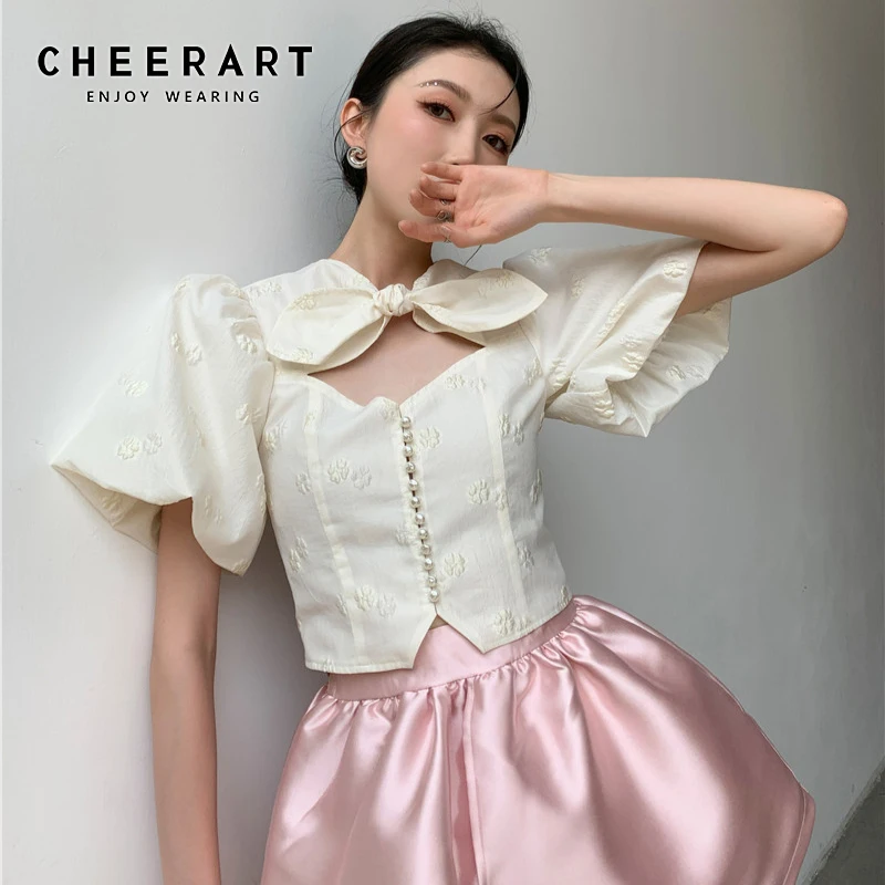 

CHEERART Puff Sleeve Hollow Out Crop Corset Top Bow Short Sleeve Summer Blouse 2021 Jacquard Bodycon Ladies Desinger Top
