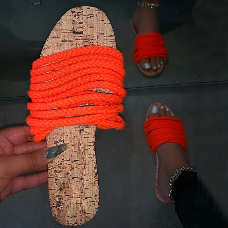 Women Slippers Woman Summer Shoes Female Yellow Orange Cotton Twist Flats Women