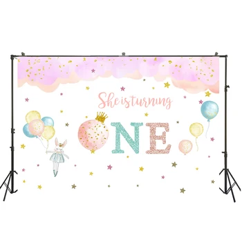 

She Is Turing One Girl 1st Birthday Backdrop Watercolor Miss Rabbit Balloons Pink Cloud Photocall Background Photoshoot Portrait