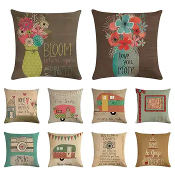 

Happy Life Camper Cushions Cover Bloom Life Is Like A Camera Pillows Cotton Linen Throw Pillow Decorative Pillowcase 1500