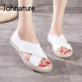 

Johnature 2020 New Summer Retro Sandals Genuine Leather Women Shoes Casual Flat With Sewing Two Ways To Wear Ladies Sandals