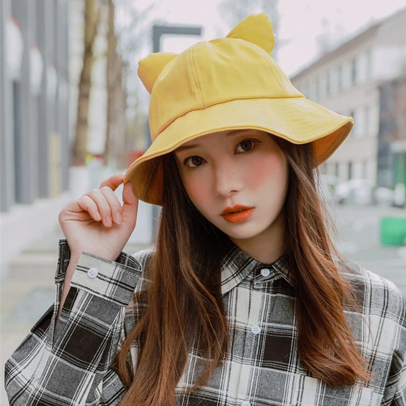 

Solid Bucket Hats Cute Cat Ear Design Flat Caps Outdoor Sun Cap Hats Stylish Fisherman Sunscreen Folding Cap for Girls Women